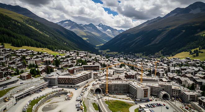 Drone shot of Andermatt Swiss Alps village Gotthard base tunnel and Ursern Valley