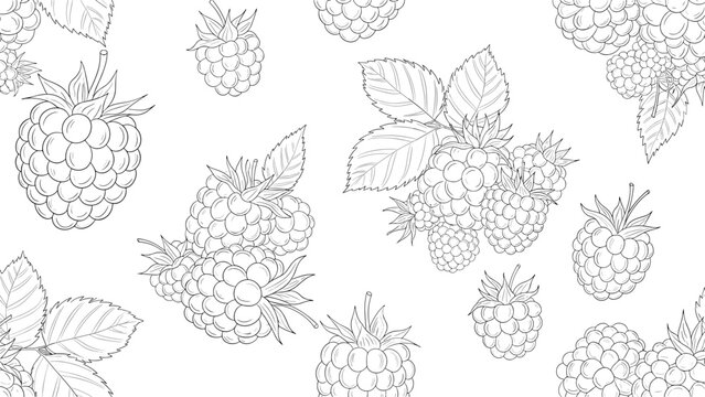 Detailed black and white seamless pattern of hand drawn raspberry sketches with leaves and berry clusters on white.
