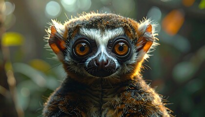 Fototapeta premium Adorable primate with striking amber eyes in natural forest setting