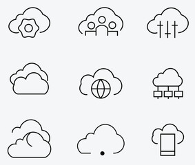 Cloud computing and network icons: cloud storage, data center, global network, distributed system