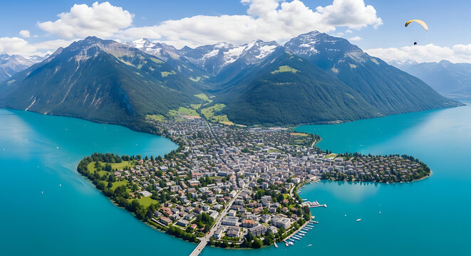 Drone panorama of Interlaken between lakes Brienz and Thun Aare River and Jungfrau