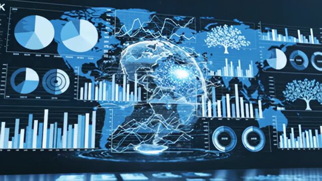 Data visualization and statistics overlay on a world map backdrop
