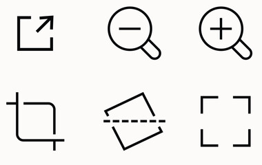 Set of outline icons for editing and zoom: fullscreen, zoom out, zoom in, crop, rotate, resize