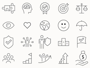 outline icons for business and success: puzzle, brain, checklist, target, scales, eye, heart, globe