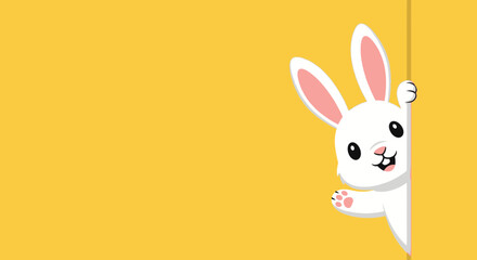 Fototapeta premium Cute white cartoon Easter bunny peeking from right side, yellow background, vector illustration with copy space
