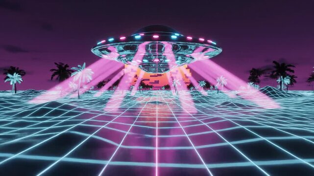 Retro Futuristic UFO Landing on Grid Landscape with Pixel Sun and Palm Trees