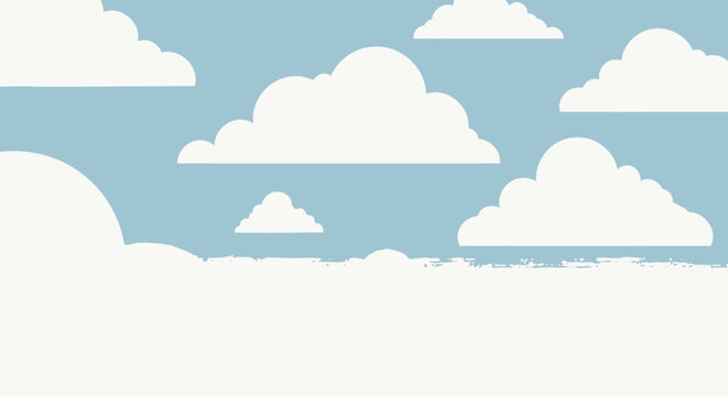 Cartoon vector sky background with white fluffy clouds on light blue, flat illustration for banner, website, app UI, social media
