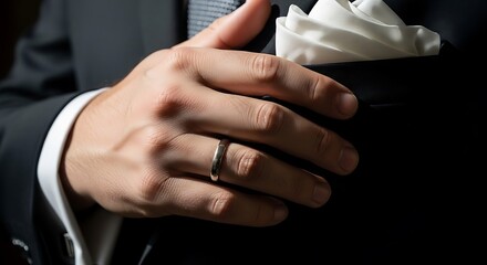 Obraz premium Groom's hand showing wedding ring and suit details