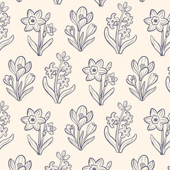Cute seamless spring wildflower pattern in hand drawn flat vector style with soft pastel colors and simple outlines, ideal for fabric, stationery, packaging and decoration.