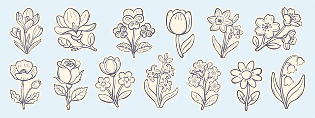 Cute whimsical hand drawn spring flower sticker collection in soft pastel colors with simple outlines and flat vector style, perfect for kids design, cards, planners, posters and decoration.