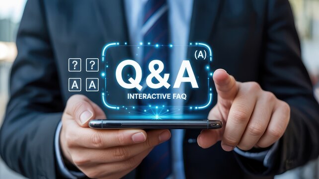 Professional in a dark suit displays a glowing blue Q and A interactive FAQ interface on a modern smartphone