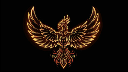Obraz premium Majestic Golden Phoenix Emblem with Fiery Glow on Black Background