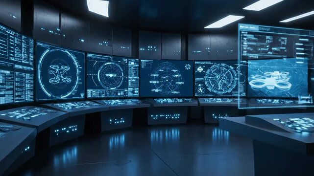 A futuristic command center with multiple screens displaying drone schematics and real-time data. Perfect for technology and future operations.