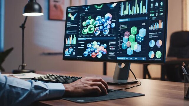 Financial data displayed on monitor with pie chart and graph for analysis