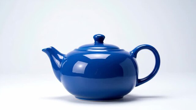 A glossy blue ceramic teapot rotates and tilts on a pristine white background. Elegant kitchenware for beverage concepts.