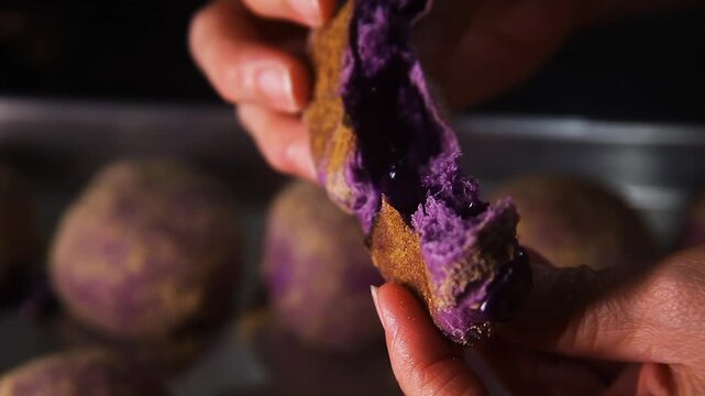 Freshly baked Filipino food called Ube Cheese Pandesal