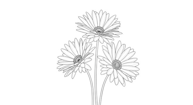 Delicate black and white line drawing of three gerbera daisy flowers with long stems bunched together in an artistic sketch.