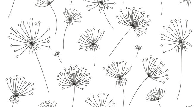 Dreamy seamless pattern composed of black and white line-drawn dandelion seeds and flower heads floating on a white background.