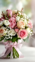 Obraz premium Vibrant photo of Beautiful bouquet of pink and white roses and ranunculus tied with a satin ribbon on a soft blurred background