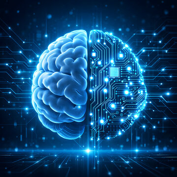 A powerful conceptual image showing a brain bisected, with one half organic and the other a luminous circuit board featuring a central microchip, against a backdrop of glowing star-like points.