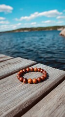 Fototapeta premium Vibrant photo of Handmade wooden bead bracelet resting on a weathered wooden dock with a beautiful lake and blue sky background