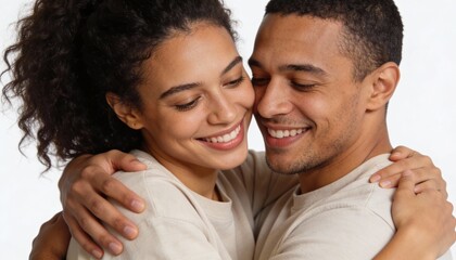 Obraz premium Happy Couple Sharing Warm Hug Isolated on White Background