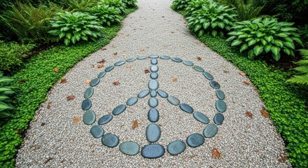 Stone peace symbol pathway surrounded by lush green foliage in a serene garden setting with white gravel