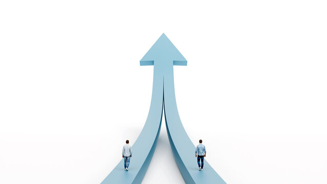 Two men walking on separate paths that merge into a single upward arrow representing partnership and unified strategic growth, 3d render