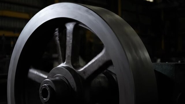 A large, heavy industrial flywheel spins rapidly in a dark factory. Continuous motion and mechanical precision.