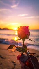 A hand holds a single rose against a serene beach sunset