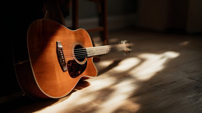 Acoustic guitar resting on wooden floor with sunlight and shadows creating a beautiful scene.
