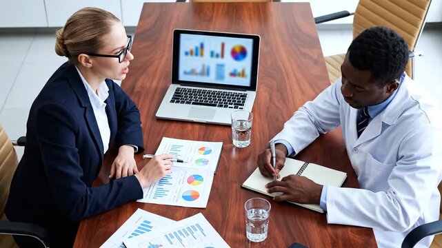 Two professionals analyzing data charts together in a bright office space