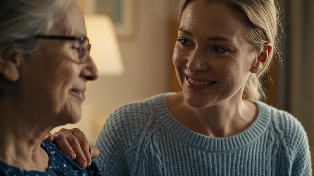 A loving daughter provides comfort and support to her elderly mother, sharing a tender and joyful moment at home. This scene highlights intergenerational connection and care.