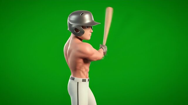 Powerful baseball cartoon batter in action on green screen animation.