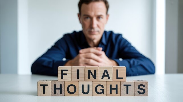 A focused mature man sits at a bright white table with his hands clasped contemplating final thoughts