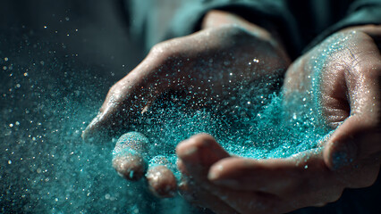 Fototapeta premium Cinematic shot of cupped hands releasing glowing cyan glitter powder, magical sparkling particles floating in dark atmosphere, artistic creative process and ethereal dreamlike concept.