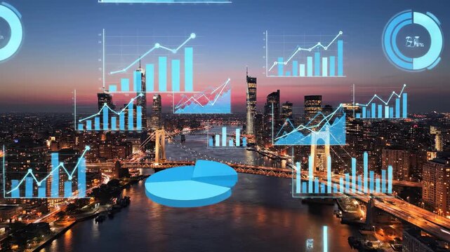 Urban skyline with data graphics overlay for business and finance presentation
