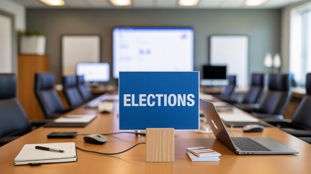 A conference room table with a blue sign that says elections on it surrounded by laptops and chairs in a professional setting for a meeting or presentation with office