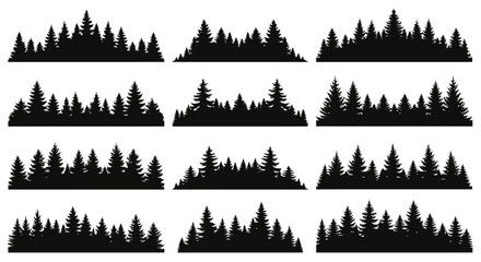 A collection of twelve diverse black silhouette illustrations of coniferous forest tree lines against a white background. © Himari