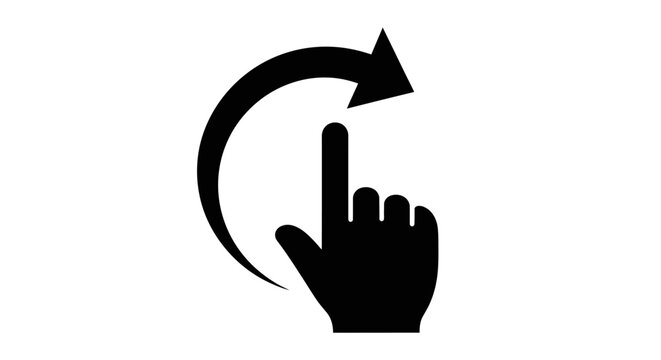 A black icon depicting a hand with an index finger pointing upwards, with a curved arrow indicating a clockwise rotation around it.