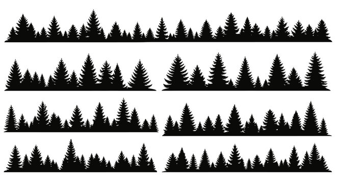 Collection of silhouetted evergreen trees forming forest borders and decorative elements.