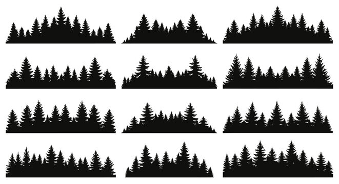 A collection of twelve diverse black silhouette illustrations of coniferous forest tree lines against a white background.