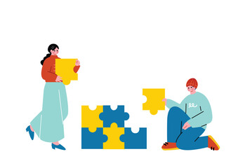 一緒にパズルを組み立てる男女