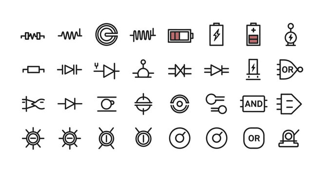 Collection of electronic circuit symbols including resistors, batteries, diodes, transistors, logic gates, and other components.