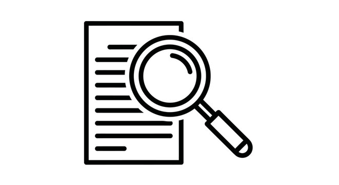 A black and white line drawing of a document with a magnifying glass over it.
