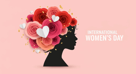 Silhouette of a woman's head adorned with vibrant roses and hearts, celebrating International Women's Day.