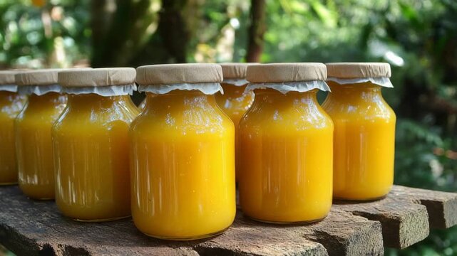 selective focus jars of raw organic honey with wax caps