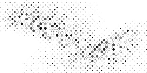 Hexagon halftone gradient texture. Abstract black grunge background. Geometric retro halftone tech overlay. Fading wavy hexagonal pattern backdrop. Vector wallpaper