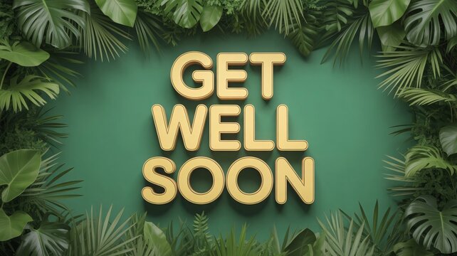 Get well soon message with tropical leaves on green background for recovery and wellness with health and care and support and card and greeting and healing and hope