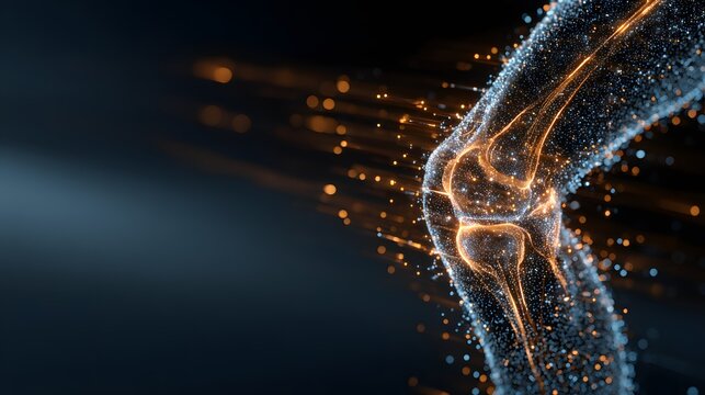 Artistic Visualization of Human Knee Joint Anatomy with Glowing Details and Particles.